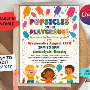 May include: A printable flyer advertising a "Popsicles on the Playground" event, featuring colorful popsicle illustrations and cartoon children. The flyer includes the text "Easy to Edit" and "Instant Download". The flyer is 21.59 cm x 27.94 cm.