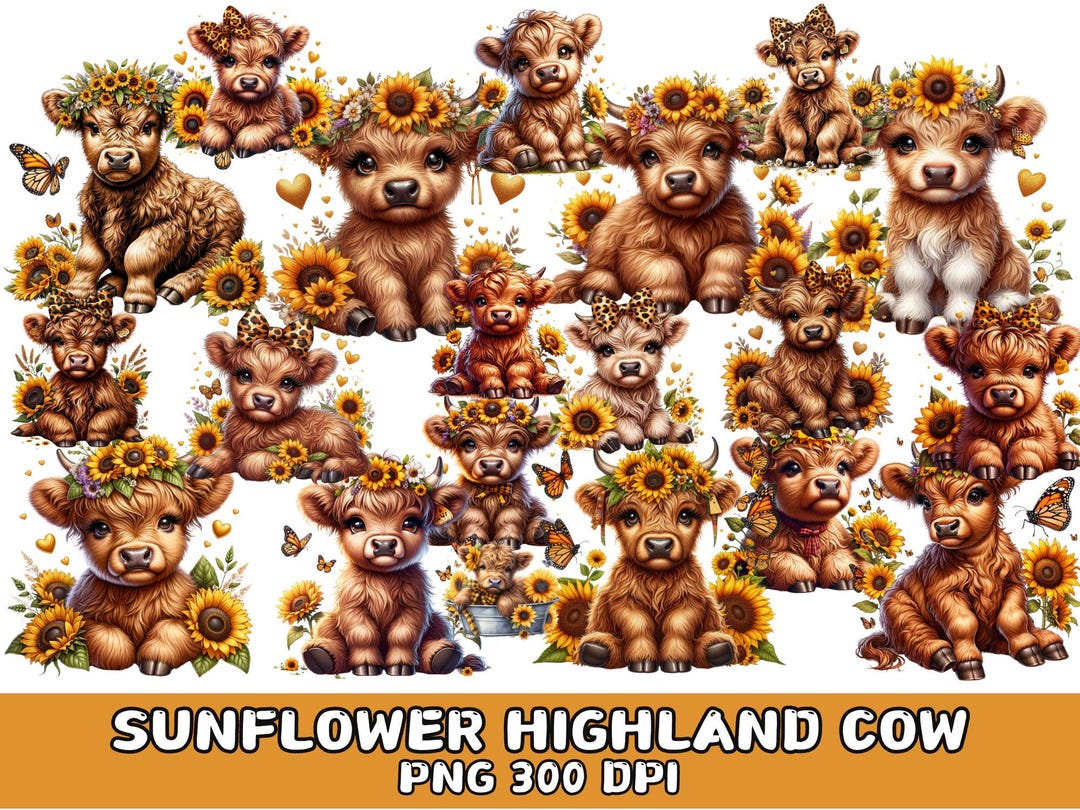 Highland Cow Sunflowers PNG Clipart: Commercial Use (digital Download ...