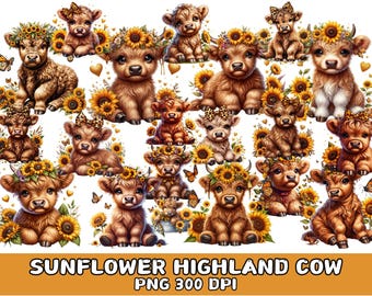 Highland Cow Sunflowers PNG Clipart: Commercial Use (Digital Download)