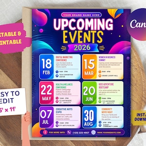 Può includere: Un modello di volantino digitale intitolato UPCOMING EVENTS 2026 con uno sfondo blu scuro e forme astratte colorate. Presenta sei spazi per eventi con date, orari e luoghi, includendo testo come DIGITAL MARKETING CONFERENCE.