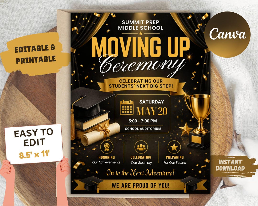 Moving up Ceremony Flyer Template Editable in Canva | School Promotion ...