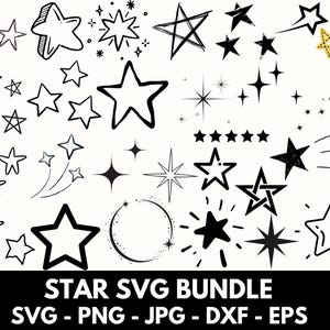 May include: A collection of black and white star illustrations in various styles, including outlined, filled, and dotted designs. The image also includes the text "STAR SVG BUNDLE" and file type information.