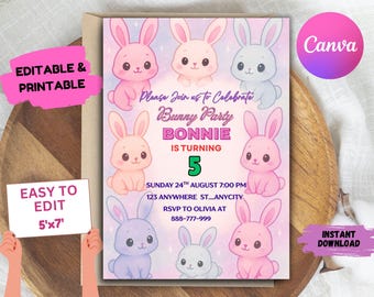 Bunny Birthday Invitation: Girls Easter Party, Printable 5x7 (Digital Download)
