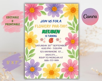 Wildflower Garden Party Invitation: Floral Girl Birthday, Editable Canva Template (5x7 Inches)