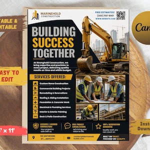 Pode incluir: Um folheto de construção com o texto "Building Success Together" e uma imagem de uma escavadora. O folheto oferece serviços como construção de casas e reformas. Inclui informações de contato e um logotipo Canva.