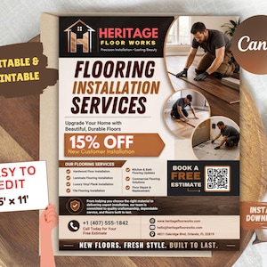 May include: A flyer for Heritage Floor Works featuring the text Flooring Installation Services, 15% Off New Customer Installation, and Book A Free Estimate with a QR code. The flyer includes images of flooring work and measures 21.59 cm by 27.94 cm.