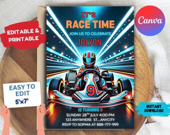 Go Kart Birthday Invitation: Animated Racing Party, Editable Canva Template