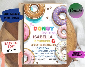 Editable Donut Birthday Invitation Template: 5x7 Party (Digital Download)