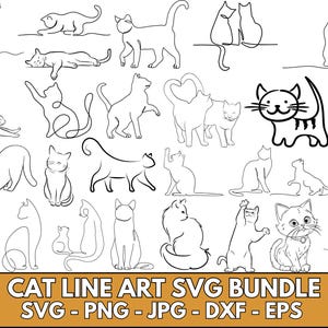 May include: A set of 20 black and white line art illustrations of cats in various poses. The illustrations are perfect for creating digital or physical crafts, such as stickers, t-shirts, mugs, and more.