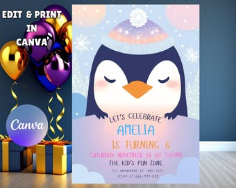 Penguin Birthday Party Invitation Template: Arctic Animals (Instant Download)