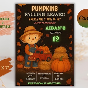 May include: An autumnal invitation featuring a scarecrow, pumpkins, and hay bales. The text reads "Pumpkins, Falling Leaves, S'mores and Stacks of Hay" and announces a birthday party for Aidan, turning 12. The invitation is 12.7 x 17.8 cm.