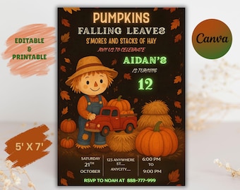 May include: A fall-themed invitation with a scarecrow illustration, pumpkins, and hay bales. The text reads "Pumpkins, Falling Leaves, S'mores and Stacks of Hay" and announces a birthday party for Aidan, turning 12. The invitation is 5 x 7 inches.