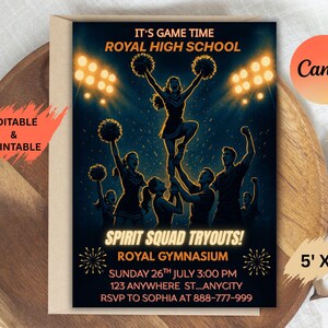 May include: An invitation for Royal High School Spirit Squad tryouts. The design features cheerleaders under stadium lights, with the text "It's Game Time" and "Spirit Squad Tryouts!" The invitation is 5' x 7' and includes event details.