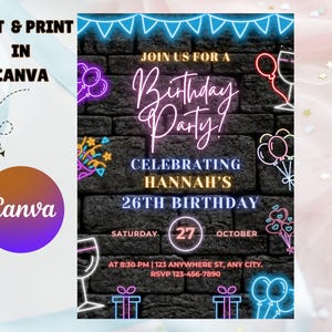 Glow Party Birthday Invitation, Glow Invitation, girl, boy, Neon Party Invite, Neon Lights, Glow Party Template, Editable Canva, Glow Evite