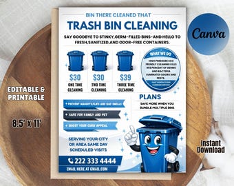 Bewerkbare flyer voor het schoonmaken van de prullenbak | Zakelijke sjabloon voor het wassen van vuilnisbakken (8,5 x 11 inch)