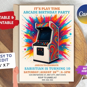 Arcade-Geburtstagseinladung bearbeitbar in Canva, Retro-Gaming-Party einladen, digitales Videospiel-Geburtstagsvorlage für Kinder, anpassbare Karte