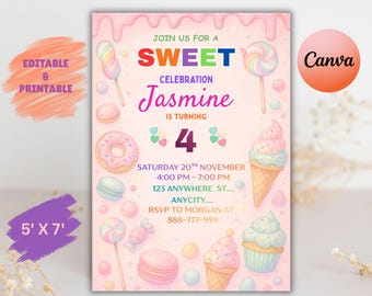 Sweets Candyland Birthday Invitation, Editable Canva (5x7 inches)