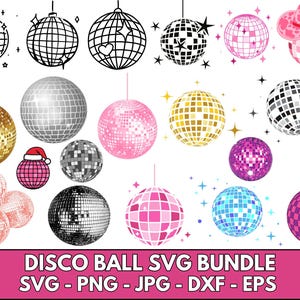 Peut inclure: Une collection de boules disco de différentes couleurs et styles, dont l'or, l'argent, le rose et le noir. Certaines boules ont des étoiles, un cœur ou un bonnet de Père Noël. L'image comprend le texte "DISCO BALL SVG BUNDLE".