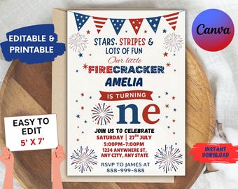 4th of July 1st Birthday Invitation, Firecracker Theme (Editable Template Download)