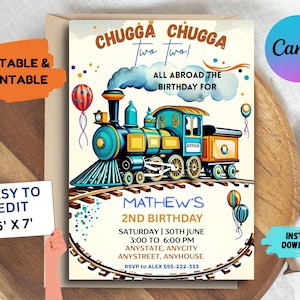 Editable Chugga Chugga Two Two Train Birthday Invitation, Toy Train Invitation any age, Two Two Train Party Invite, Printable Canva Template