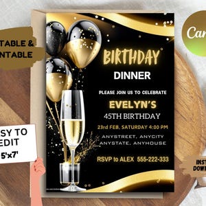 Digital Birthday Dinner Invitation Template, Black Tie Glam Invite, Animated Black Golden Diamond invite For Men & Women, Self Editable