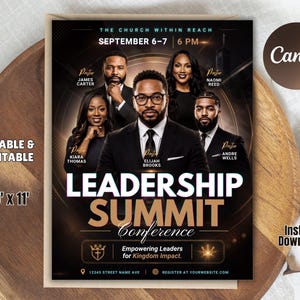 May include: A rectangular flyer for a Leadership Summit Conference featuring five people in formal attire. The text reads The Church Within Reach, September 6-7, 6 PM, Leadership Summit Conference, Empowering Leaders for Kingdom Impact, 8.5 x 11.