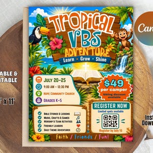 Flyer voor de Vakantie Bijbelschool, sjabloon voor een VBS-flyer, bewerkbare Canva-uitnodiging, flyer voor kinderwerk, printbaar materiaal voor een Bijbelstudie-evenement, direct te downloaden