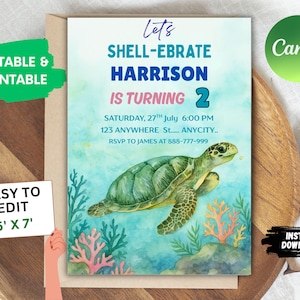 Puede incluir: Una invitación de cumpleaños imprimible con un diseño de acuarela con una tortuga marina. La invitación dice "Let's SHELL-EBRATE HARRISON IS TURNING 2". La invitación mide 12,7 cm x 17,8 cm e incluye los detalles del evento.