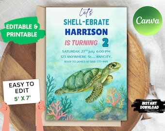 Turtle Birthday Invitation: Under the Sea Party, Editable Template (5x7 Inches, Digital Download)