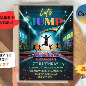 May include: A colourful birthday invitation with the words "Let's Jump" in rainbow hues. The design features silhouettes of children jumping, with event details including the name "Alexander", date, time, and RSVP information. The invitation is 152.4 cm x 213.36 cm.