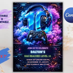 May include: A digital invitation for a level 10 birthday party. The design features a large blue number 10 with a headset, a game controller, and a colorful nebula background. Text includes "Join us to celebrate Dalton's has reached level 10".