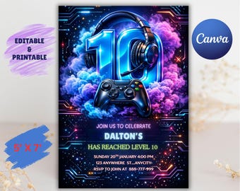 May include: A digital invitation for a level 10 birthday party. The design features a large blue number 10 with a headset, a game controller, and a colorful nebula background. Text includes "Join us to celebrate Dalton's has reached level 10".