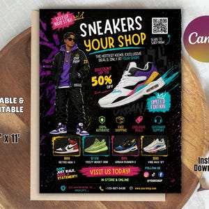 May include: A black and purple promotional poster for a sneaker shop. The poster features a graphic of a person in streetwear, a sneaker, and text that reads "Sneakers Your Shop" and "Discount up to 50% off." The poster is 8.5 x 11 inches.