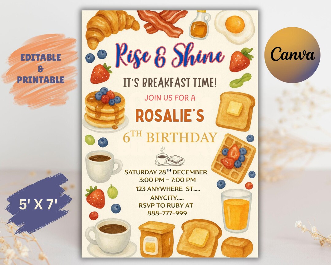 Creating Breakfast Invitation Editable Breakfast Birthday Invitation Template, Brunch Theme (digital ...