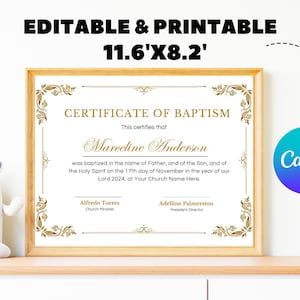 Plantilla de certificado de bautismo editable / Certificado de bautismo imprimible / Certificado de dedicación / Plantilla Canva / Tamaños Carta de EE. UU. y A4