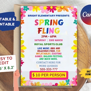 Spring Fling School Flyer Invitation, Editable Spring Fling Festival Fundraiser Template, Editable PTO PTA School Dance Event