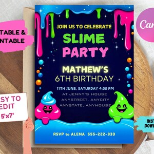 Invitación de cumpleaños para fiesta de slime. Invitación editable para fiesta de slime. Invitación de cumpleaños para fiesta de slime para niña. Invitación imprimible para fiesta de slime.