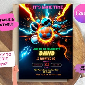 Editable Sports Invitation, Sports Invites, Sports flyer, Sport Theme Invite, ALL STAR SPORTS Invitation Template