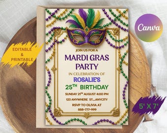 May include: A Mardi Gras party invitation featuring a purple and gold mask, green and purple bead strands, and the text "Mardi Gras Party" and "Rosalie's 25th Birthday". The invitation is 12.7 x 17.8 cm.