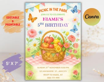 Picnic in the Park Birthday Invitation, Editable Canva Template