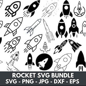 Puede incluir: Un conjunto de 25 ilustraciones de cohetes en blanco y negro. Los cohetes están en varios estilos y orientaciones. Las ilustraciones son perfectas para usar en manualidades digitales o físicas.