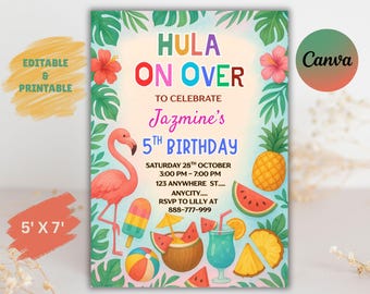 Invitación de cumpleaños de luau tropical, plantilla editable de Canva (descarga digital)