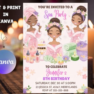 Editable Spa Party Birthday Invitation, Pamper Party Birthday Invite, Girls Glam Party Birthday invite, Digital Any age Kids Party Invite
