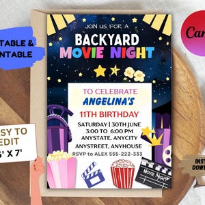 Backyard Movie Night Birthday Invitation Girls Slumber Party Invite Under The Stars Outdoor Cinema Sleepover Party Popcorn EDITABLE