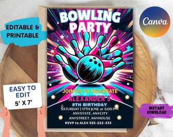 Bowling Birthday Party Invitation Template | Editable 5x7 Canva Design (PDF)