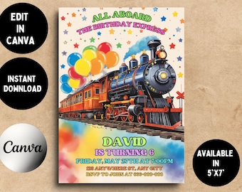 Train Birthday Party Invitation: Express Theme, Editable Template (Digital)