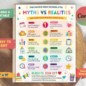 Bewerkbare sjabloon voor PTA/PTO-wervingsflyer: mythen en feiten bovenliggende groep (CANVA-sjabloon, digitale download)