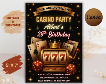 Casino Birthday Invitation: Poker Night Theme, Editable Canva (5x7 Inches)