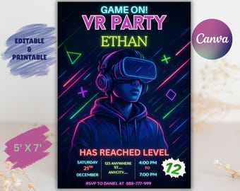 Invitación de cumpleaños de realidad virtual, invitación de cumpleaños VR, invitación de cumpleaños para gamers, invitación de cumpleaños de videojuegos, plantilla editable de Canva