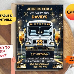 Boys Night Party Bus Invitation: Limo Birthday Invite (5x7 Inches, PDF Download)